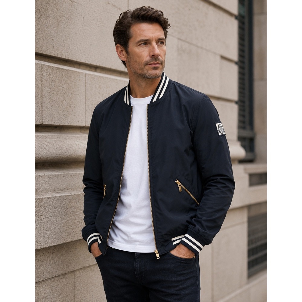 Moncler Gamme Bleu Navy Blue‎ Bomber Jacket Thom Browne Striped Trim Mens XS